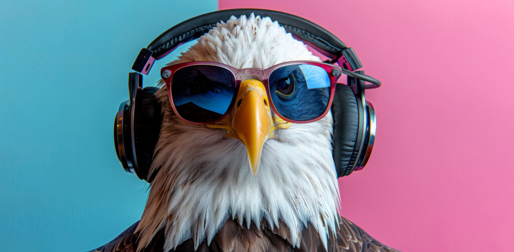 A bald eagle wearing sunglasses with headphones on against a blue and pink background