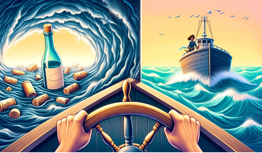 A person at the helm of a ship steering wheel. To the left is a scene of a bottle and corks floating in the water with waves all around. To the right is a scene of a woman steering a boat confidently through the waves with seagulls overhead.