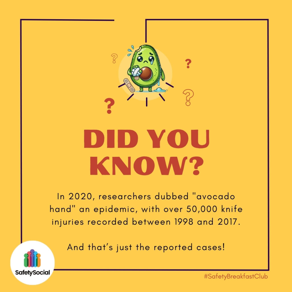 A cartoon image of an avocado nursing a hand injury. Text reads: Did you know? In 2020, researchers dubbed 'avocado hand' an epidemic, with over 50,000 knife injuries recorded between 1998 and 2017. And that's just the reported cases!