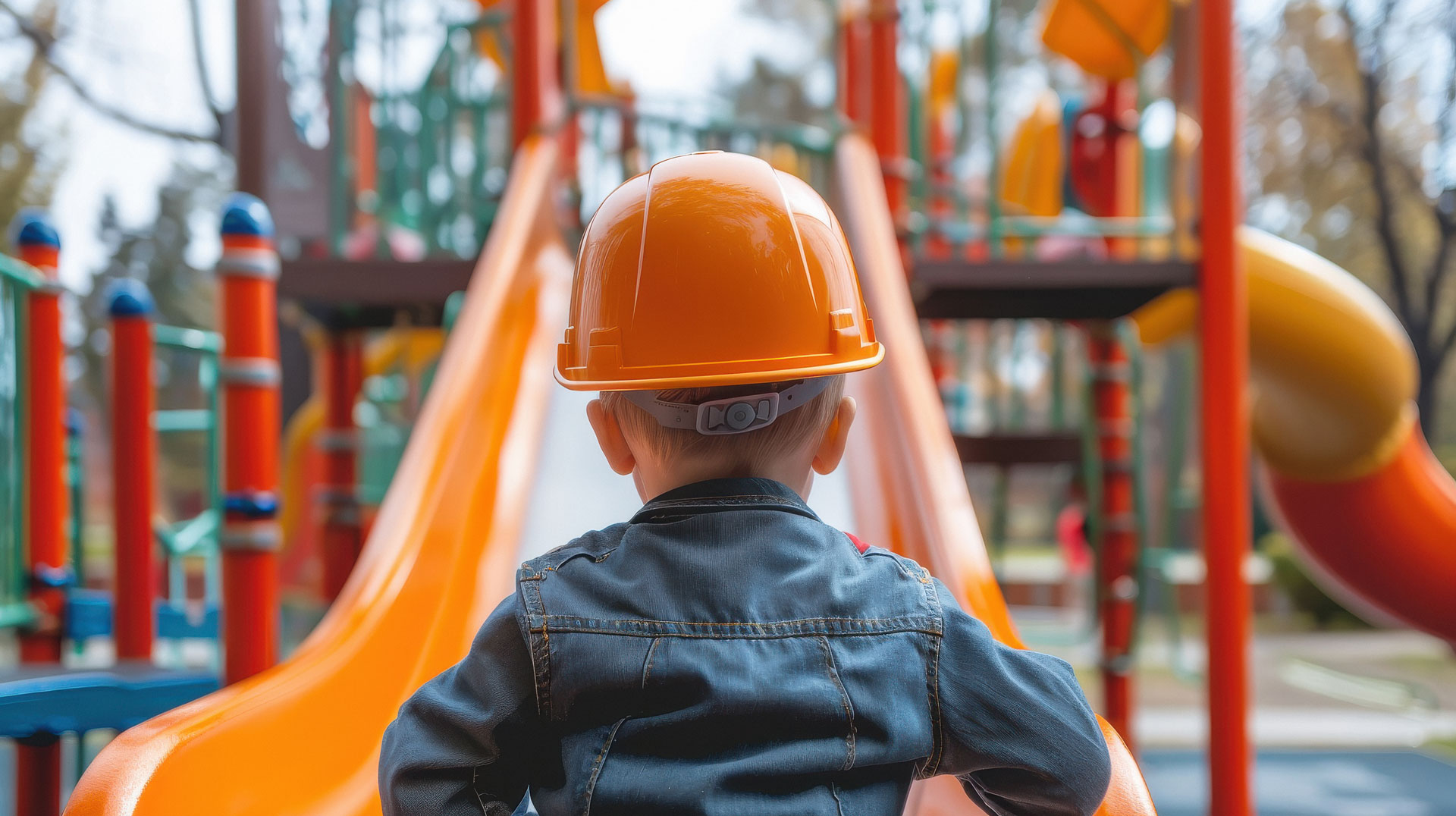 child in hard hat facing a slide at a colourful playground