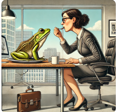 A cartoon image of a woman in corporate attire eating with a spoon at her desk, with a comically large frog staring at her while sitting on a plate.