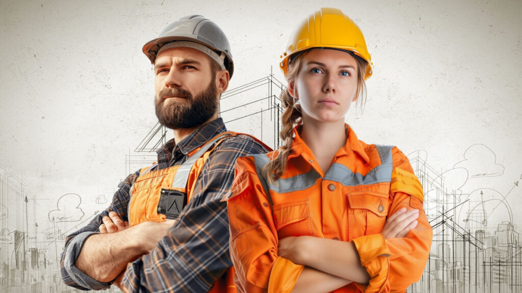 A male and female worker in safety gear, standing with arms crossed on a sketched background of a construction site